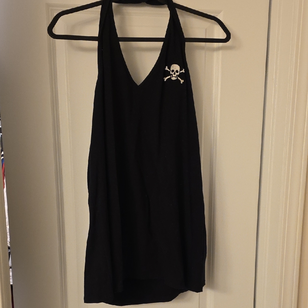 Retro Chic Black Halter Tank with Skull Accent